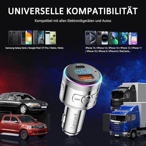 LENCENT 48W FM Transmitter Auto Bluetooth 5.3, Ganzmetall PD 30W & QC3.0 18W Schnelle Autoladegerät...