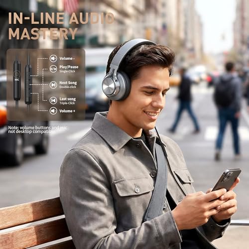 Image of AILIHEN Wired Headphones with Mic and Volume Control, Noise Isolation Over Ear Headphones for Adults&Teens, Foldable, Adjustable, Soft, Braid 3.5mm for Travel /Online Meeting /Remote Learning-Grey Black