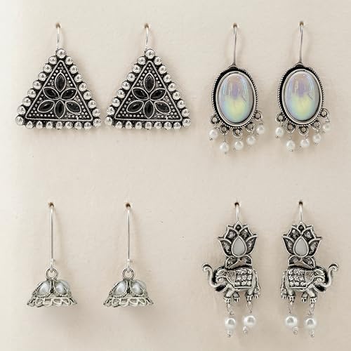 Image of Oxidized Earrings Set (12 Pairs) with Folding Jewelry Box - Traditional Jhumka, Stud & Dangler Earrings Combo for Women & Girls | Oxidised Ethnic Jewelry Gift Set for Birthday, Anniversary, Festive & Wedding