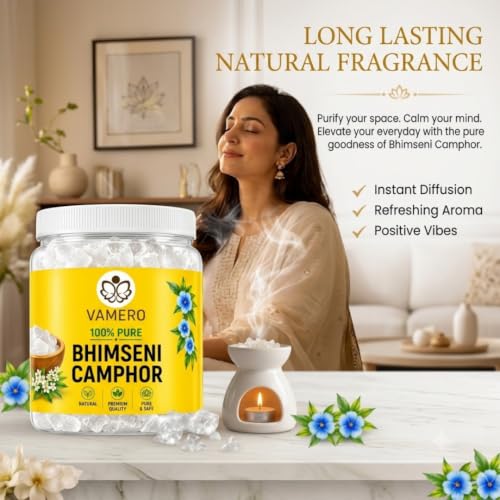 Image of VAMERO Bhimseni Camphor 500g | 100% Pure Pacha Karpooram, Bhimseni Kapoor Original, Pooja, Bheemsen kapoor, Arti, Meditation, Electric Diffuser (Bhimseni Original, 500g)