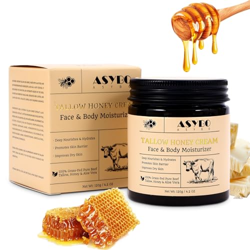 ASYBO Rinderfett Honig Creme 120 g, Rinderfett Creme für Gesicht & Körper, Natürlicher Honig & Aloe Vera Feuchtigkeitspflege für die Haut, Tiefen hydratisierend & pflegend, Körpercreme