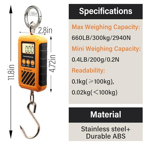 Image of UNIWEIGH Digital Hanging Scale,Mini Crane Scale 300kg /660lb with Hold&Tare | Postal Luggage Scale with LCD Display,Portable Handheld and Large Hook,Deer Scale for Garage Farms Hunting Fish Travel Hays
