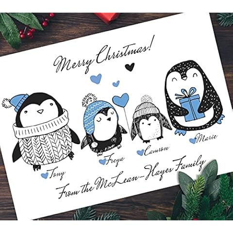 Pack of Penguins Personalised Family Christmas Cards (or Small Business/Company Personalised Xmas Cards) & Kraft Envelopes (Pack of 10 Cards & Envelopes) Cover
