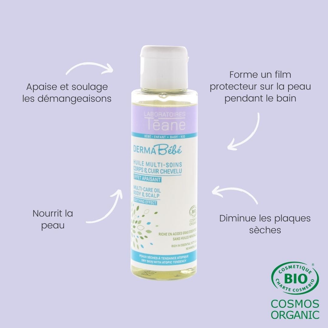 Téane - Huile bébé multi-soins certifiée BIO – Peau sèche, sensible à tendance à l’eczéma atopique – Huile de massage et de protection pendant le bain – bébé et enfant - 100 ml