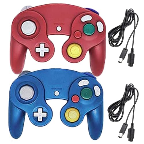Poulep 2 Pack Wired Gamecube Controllers with 2 Pcs Extension Cord Set for Game Cube, Switch, WII, Wii U Console, PC (Red Blue)