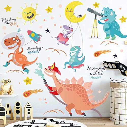 Image of Space Explorer Dinosaur Enjoying in Space with Sun Moon and Stars Wall Stickers for Kids Room Bedroom Door Wall Decoration for Baby Boy Girl Room Bedroom Nursery Playroom Decor-Self-Adhesive