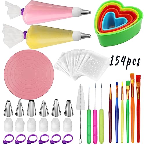 Cookie Decorating Supplies Kit 154Pcs, Sugar Cookies Turntable Set With 6 Piping Tips and 20pcs Piping Bags, Scribe Needle, Brush, Ideal Beginner Decorator Lover Kids Gift Holiday Easter Valentine