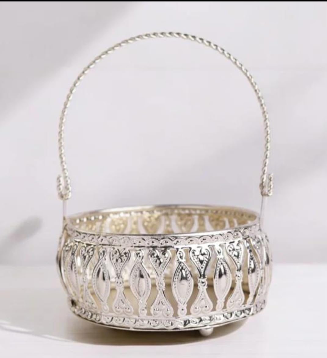 Decorative German Silver Plated Metal Basket with Twisted Handle, Filigree Design, Footed Base-image-43