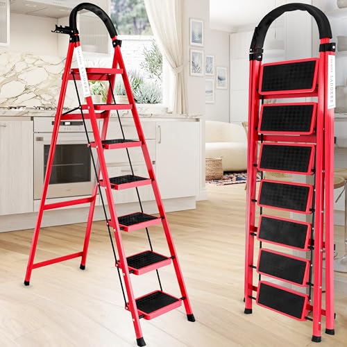 Image of Red 7 Step Ladder for Home Use with Built-in Tool Tray | Heavy Duty D Shape Rods | Ultra Large Platform | Wide Rubber Feet | 150Kg Capacity Foldable Ladder - 7 Years Warranty