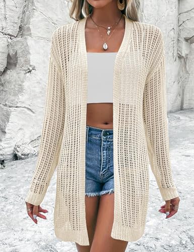 Image of Womens 2025 Summer Lightweight Cardigan Long Sleeve Open Front Loose Beach Crochet Cover Up