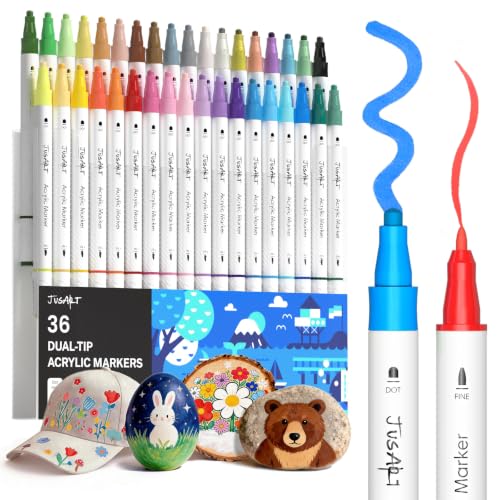 JusArt Acrylic Paint Markers 36 Colors, Dual Tip Art Supplies for Rock