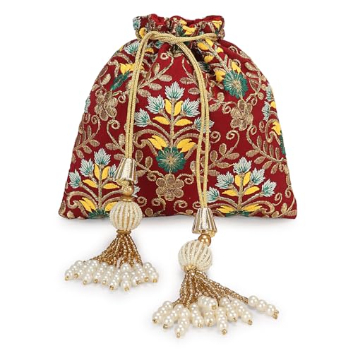 Image of LONGING TO BUY Indian Embroidered Pearl Potli Bag For Women, Sequence Design with Tassel, Wedding Potli Bags