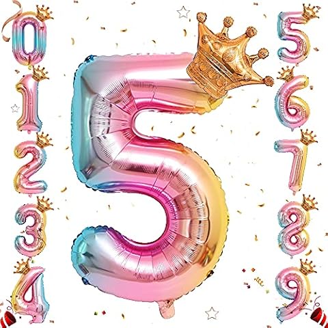 Ousuga Helium Foil Number Balloon, 32 Inch Rainbow Gradient Number Balloons with Crown, 0-9 Foil Mylar Big Number Balloons for Princess Birthday Party Anniversary Supplies Decorations (#5) Cover