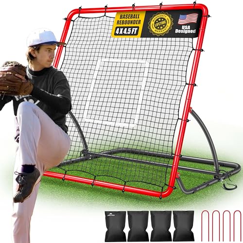 TELURY Heavy Duty Baseball Rebounder Net 4x4.5 FT Pitchback with 3 Adjustable Angles, Baseball and Softball Bounce Back Net for Ground, Line Drive, Fly Ball Return Settings Fielding Trainer (Red)