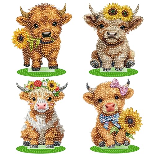 Crystallyn Highland Cow Diamond Art Kit for Adults Stand Up Acrylic 4 Pack