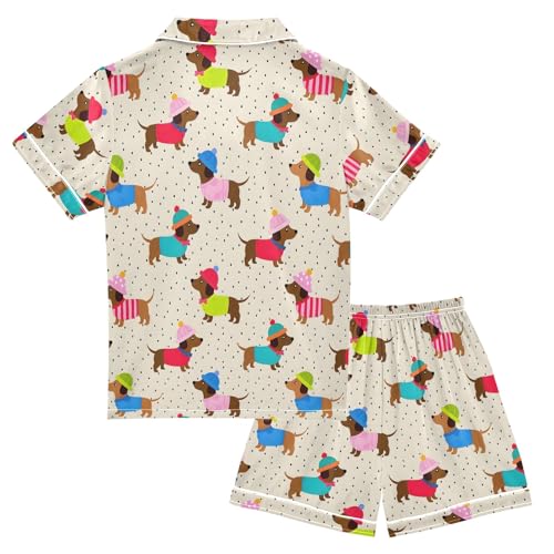 Brown Dachshund Cute Pattern Summer Satin Pajama Set, Cute Button-Down Sleepwear Pj Set for Sleep Wears2