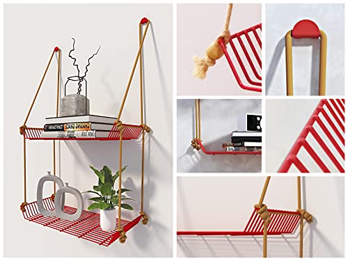 Image of Meshable Weebill 2-Tier Wall Hanging Metal Wall Shelf with Jute Rope, Home Decor Wall Shelves and Storage Racks with Elegant Design Ideal for for Balcony and Terrace, Standard Size - Red