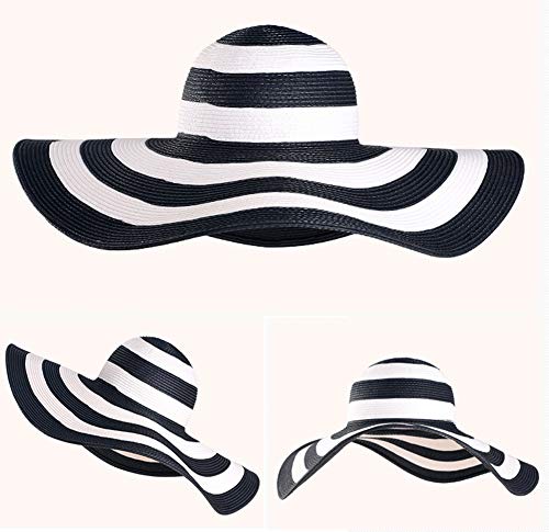 Women's Beachwear Sun Hat Black and White Striped Straw Hat Floppy Beach Hat Foldable Wide Brim Cap - Image 3