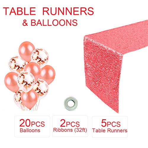 BLUETOP 5PCS Party Table Runners Red 72 Inch Sequin Table Runner, 20 Pieces Balloons, 2 Pieces White String for Birthday Wedding Party Celebration Activity Decorations