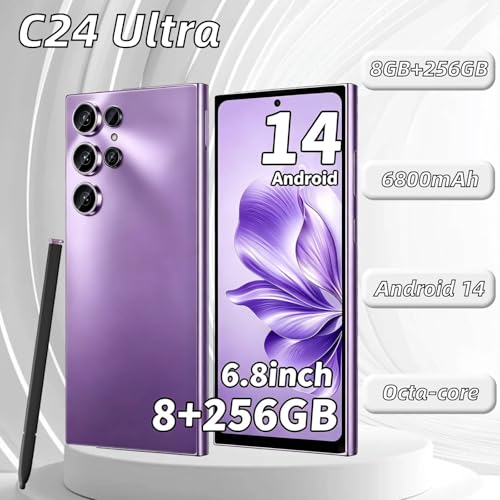 Image of C24 Ultra Unlocked Phone, 8GB+256GB Large Storage Smart Phone, | Android 14 Cell Phone, 6800 mAh Battery, 6.8-inch /5G Dual SIM [Works with T-Mobile, AT&T] Purple