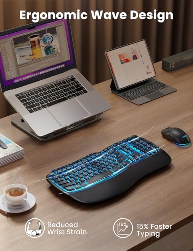 SABLUTE 인체 공학적 무선 키보드 및 마우스 콤보, 충전식 4000mAh 백라이트 키보드, 부드러운 인조 램스킨 팜 레스트, 자연 — 사진 2
