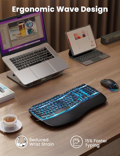 Image of SABLUTE Ergonomic Wireless Keyboard and Mouse Combo, Rechargeable 4000mAh Backlit Keyboard with Soft Faux Lambskin Palm Rest, Wave Keys for Natural Typing, Compatible with Windows /Mac /Chrome OS