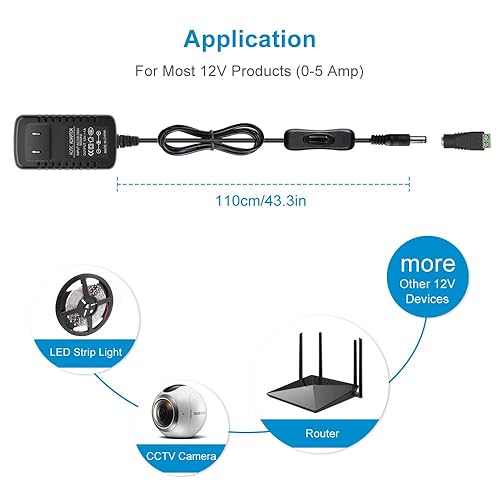 Miniatura 8 de Fuente de alimentación de tira LED de 12V 1A 12W con interruptor de encendido y apagado, adaptador de corriente de conmutación de CACC,