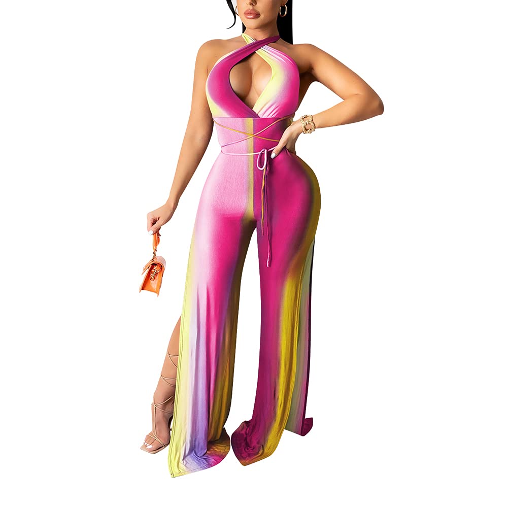Acelyn Women Sexy Color Block Bandage Jumpsuit Hollow Out Cross