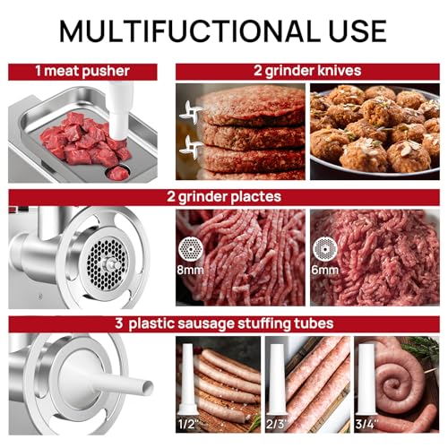 Image of Commercial Electric Meat Grinder #22, 1.2HP Heavy Duty Stainless Steel Meat Mincer with 2 Blades, 2 Plates & 3 Stuffing Tubes,Sausage Stuffer Machine for Home Kitchen & Restaurant Use