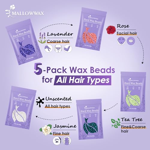 Image of Mallowwax Wax Beads for Hair Removal -5 Pack Hard Wax for Sensitive Skin, Ideal for Bikini, Brazilian, Face, Eyebrow, Legs, Armpit, Full Body - Professional Waxing Wax Refill at Home for Women Men
