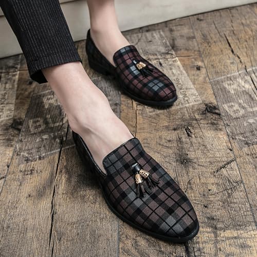 Men's Plaid Tassel Loafers, Stylish Slip - On Dress Shoes with Checkered Pattern & Tassel Detail for Party, Wedding & Formal Occasions4