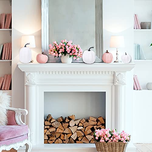 Image of Winlyn 7 Pcs Assorted Sizes Fall Artificial Peach Pink Pumpkins Harvest Faux Foam Light Pink Pumpkins for Fall Autumn Season Halloween Thanksgiving Harvest Festive Tabletop Decoration