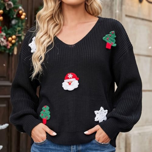 Christmas Sweater Christmas Tops for Women V Neck Sweaters for Women Black - image 2