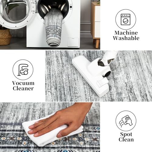 GlowSol Area Rug 9x12 Washable Rugs Gray Geometric Printed Rug Border Mat Foldable Solid Rugs Modern Rug Neutral Rug Large Print Rug Non Slip Carpet Living Room Rug Dining Room Office Farmhouse Rug