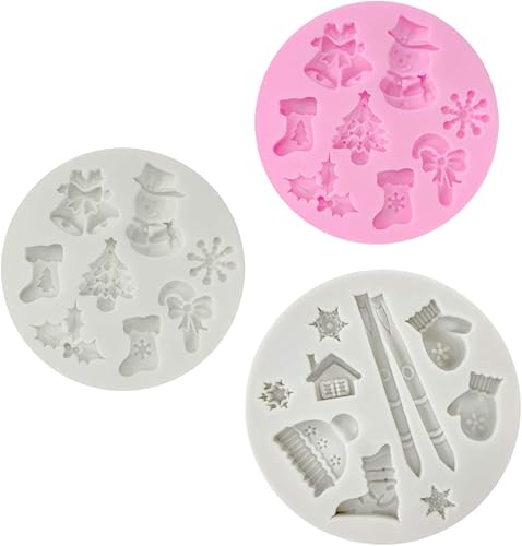 3 moldes de silicona para fondant, moldes de Navidad 3D de 26 cavidades, moldes de silicona para chocolate, copos de nieve, muñeco de nieve, moldes
