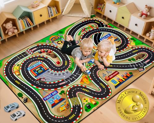 AlphabetAcre Kids Rug, Race Track Baby Play Mats, 4x6 Ft Kids Rug for Playroom,Extra Thick (0.4in) Realistic 3D Cascading Surround Route, Great for Playing with Cars and Toys, Non-Slip Car Carpet