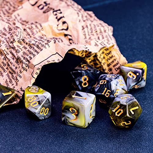 Image of 7-Die Polyhedral DND Dice Set for Tabletop Game, D&D Dice Set for Role Playing Games (Black&Yellow&White)
