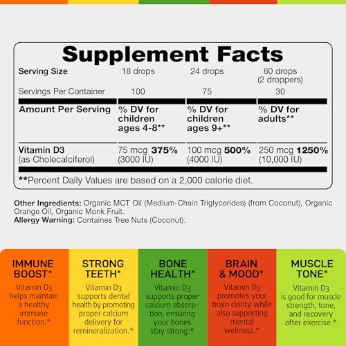 Image of Liquid Vitamin D3 10000 IU - USDA Organic Vitamin D Drops for Adults & Kids | Vit D3 with MCT Oil for Better Absorption - Bone & Immunity Support, Dental Health* - 2 Fl Oz (Pack of 1)