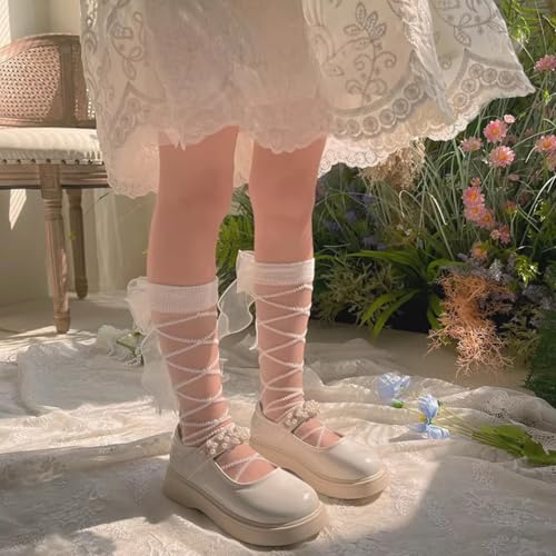 2 Pairs Girls’ Socks Princess Style Tulle Mid-Calf Crew Socks with Bow and Heart Studs, Sparkly Summer Thin Mesh Socks4