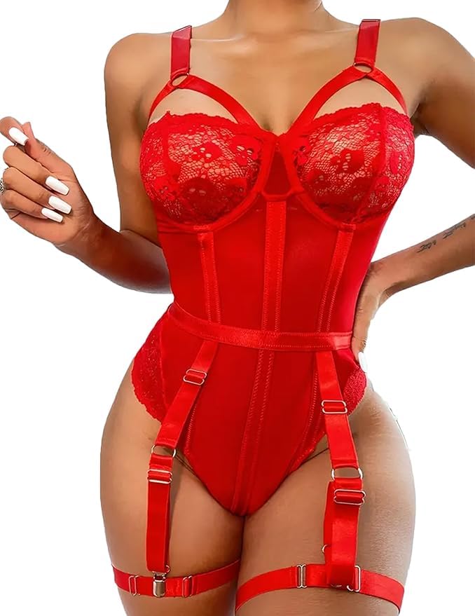 9ite lov Women Lingerie Set Lace Teddy Strap Babydoll Bodysuit Bikini with Garter Belt One Piece Lingerie Strappy Lingerie-picture-43