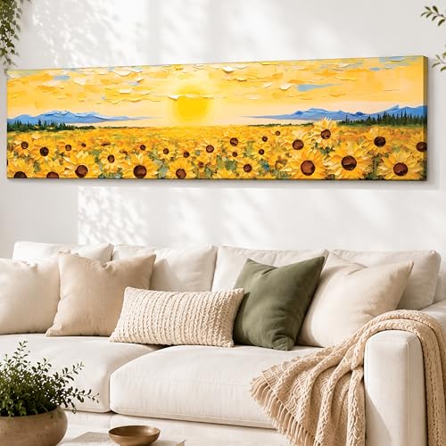Image of Abstract Sunflower Field Landscape Stretched Canvas Wall Art Painting for Living Room, Horizontal Floral Sunrise Canvas Wall Decor For Livingroom, Bedroom, Office, Hallway's, Hotel 12x46 Inch