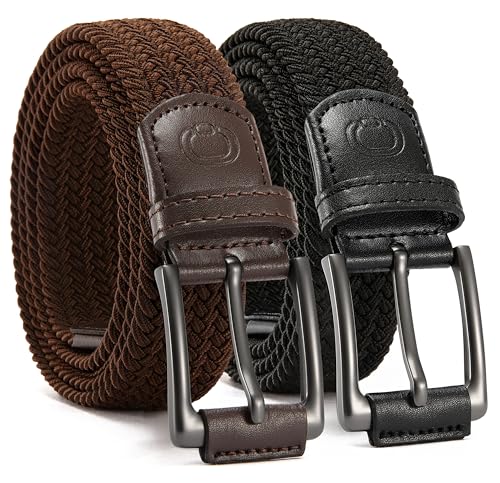 Image of Chaoren Leather Ratchet Belt 2 Pack Dress with Click Sliding Buckle 1 3 /8 inch in Gift Set Box - Adjustable Trim to Fit