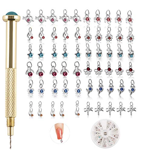 Fashionclubs Nail Jewelry Rings with Nail Piercing Tool, 60pcs Dangle Nail Art Charms Nail Piercing Charms Hand Drill Nail Art Tools Jewelry Art Decorations for Tips, Acrylic, Gels and Decorations