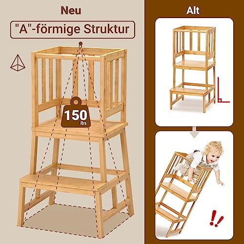 Foto von COSYLAND Lernturm Aktualisierter Schemel aus Bambus mit Sicherheitsschiene, Lernstuhl mit rutschfeste Matte für Kleinkinder 18 Monate bis 3 Jahre alt für Küche- Badezimmer-Counterlernen