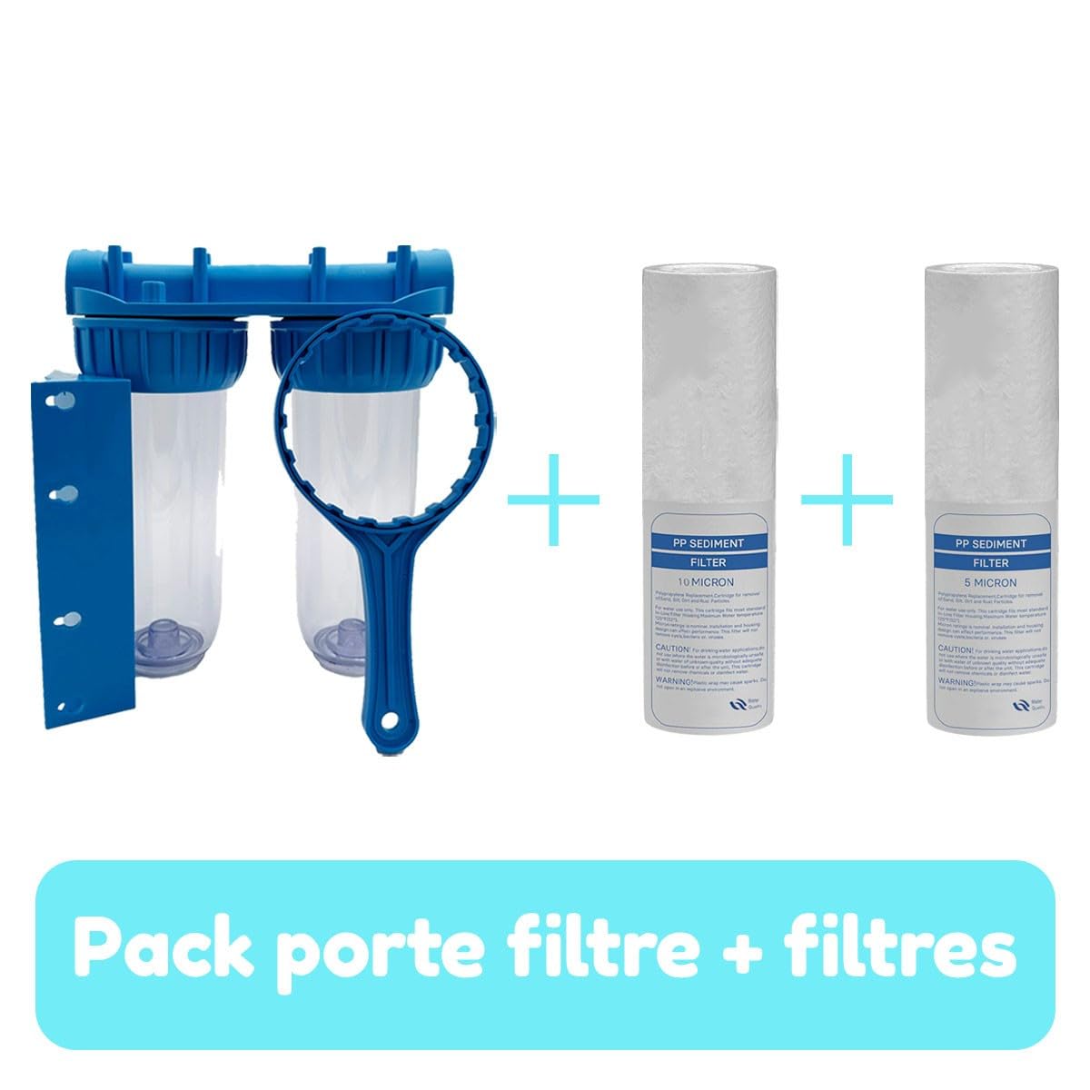 Pack de Filtration d'eau Double Porte Filtre Plus Filtre Anti sédiment 10 microns et 5 microns thermosoudée pour Une Eau Pure