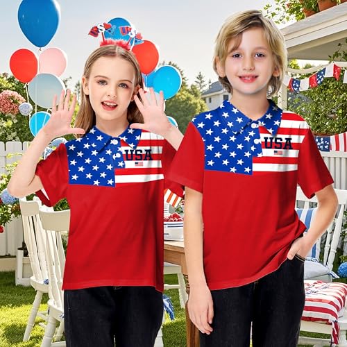 Image of AOBUTE Kids 4th of July Polo American Flag Short Sleeve Button Down Shirts Tops 3-14 Years