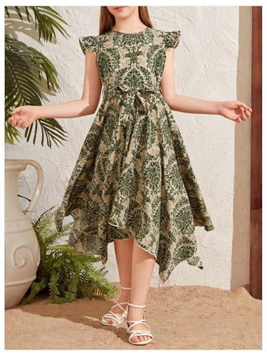 SweatyRocks Girl's Ruffle Cap Sleeve Dresses Asymmetrical A Line Boho Dress with Belt4