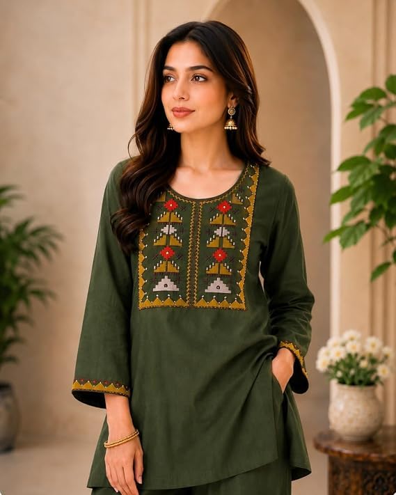Image of Women's Embroidered Kurta Palazzo Set | Ethnic Co-Ord Set with Printed Design | Casual Traditional Outfit.