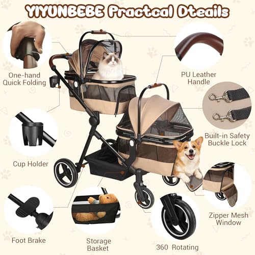 Image of Foldable Double Pet Stroller for 2 Small Medium Cats Dogs | Convertible single /double | Detachable carriers | All-terrain wheels & shock | Safety brakes & tether | Breathable oxford