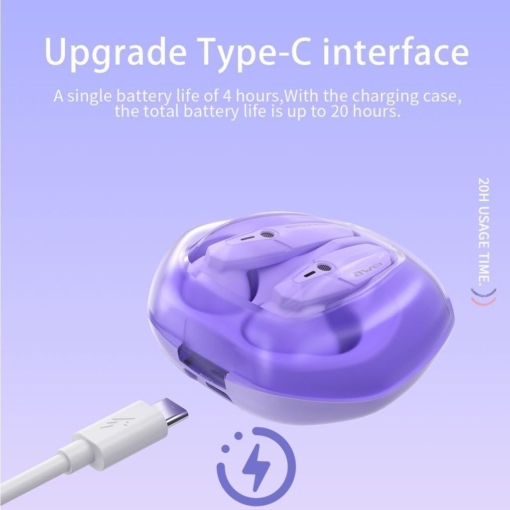 Awei T25 charging case with Type-C interface and battery life information.